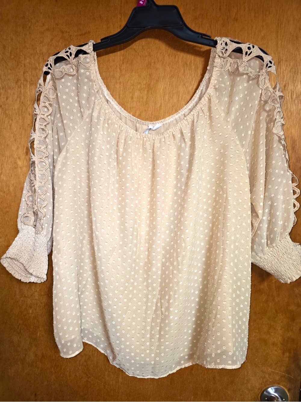 Cato Women’s Beige Polka Dot Lace 3/4 Sleeve Scoop Neck Blouse